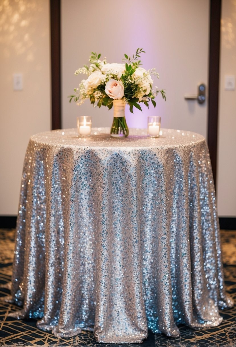 A sparkling sequined table overlay adorns a wedding reception table, adding elegance and glamour to the decor