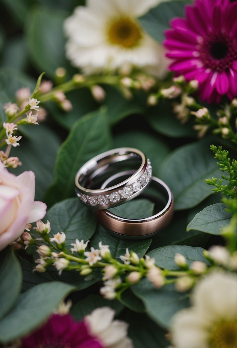 A couple's wedding rings intertwined with delicate flowers and foliage, symbolizing 13 years of marriage