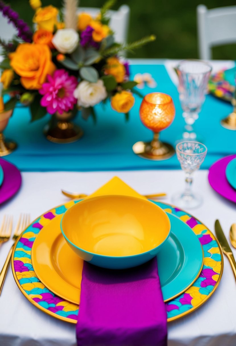 A vibrant table setting with a colorful charger and coordinating napkin, perfect for a wedding reception