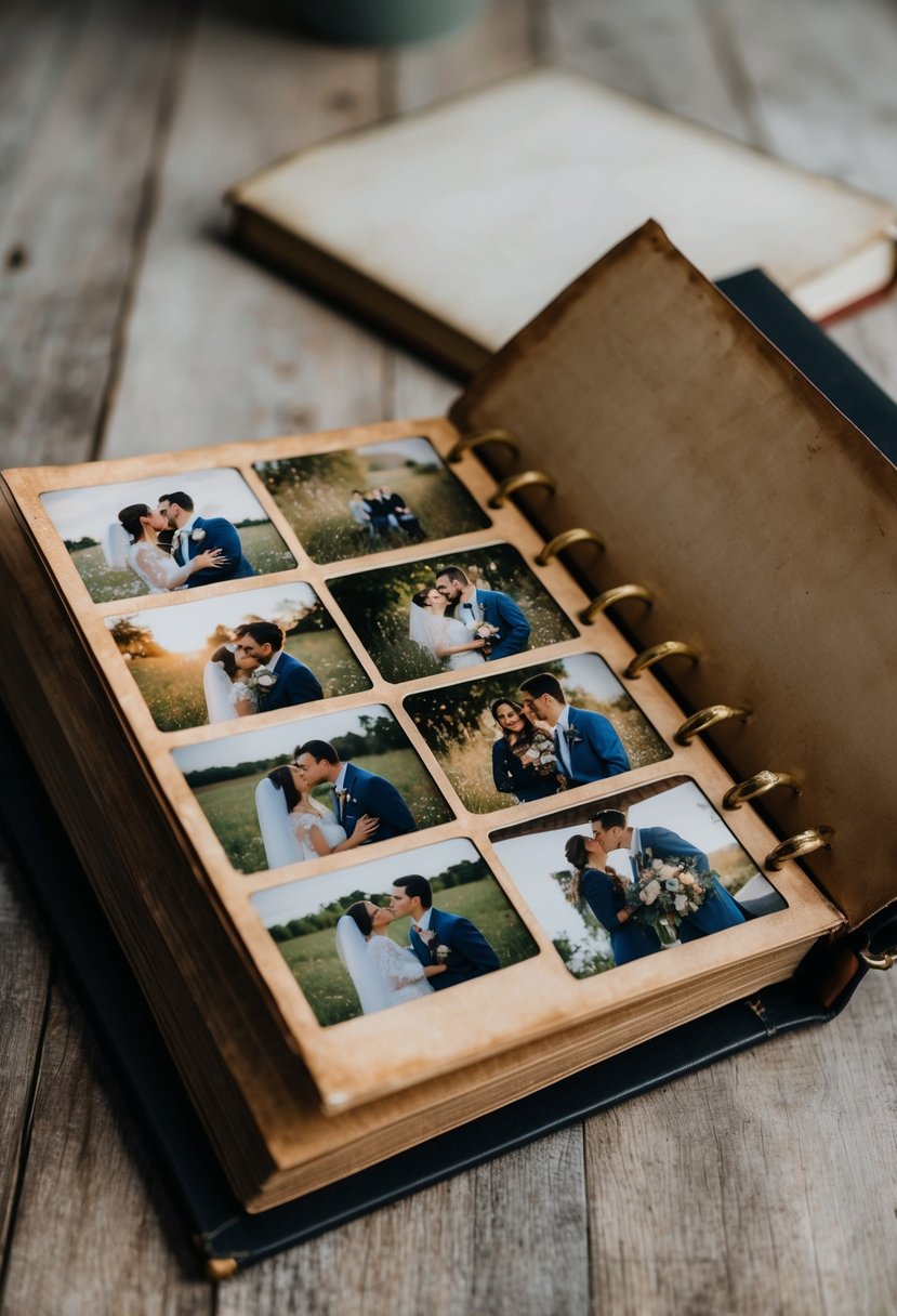 An open photo album with worn pages, filled with faded photographs capturing moments of love and joy throughout 13 years of marriage