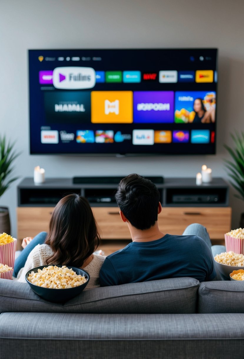 A couple sitting on a cozy couch, surrounded by popcorn and snacks, watching their favorite streaming service on a large TV