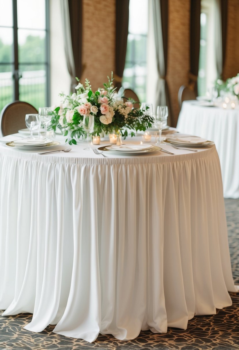 White ruffled fabric table cloths draped over elegant wedding tables with floral centerpieces