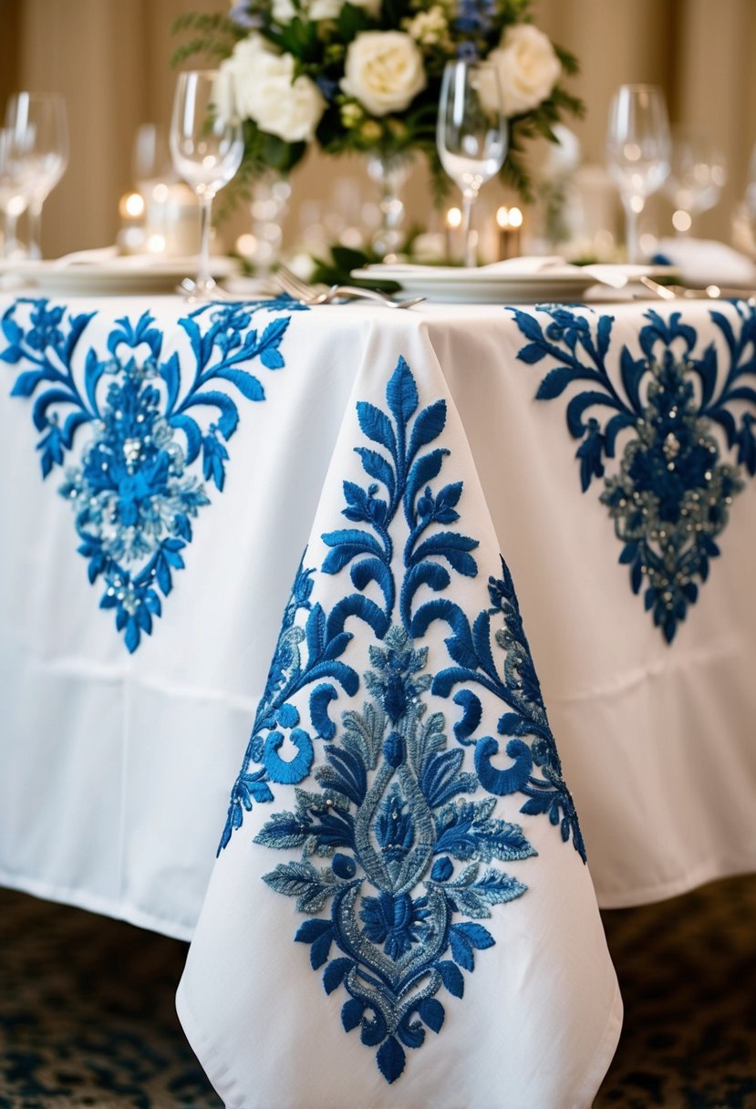 A white tablecloth adorned with intricate embroidered designs in shades of blue and silver, set against a backdrop of elegant place settings and floral centerpieces