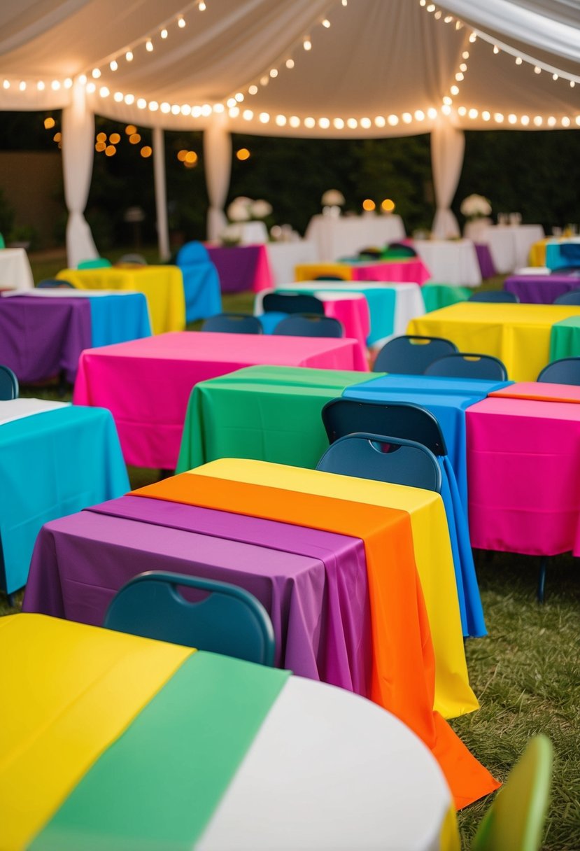 A colorful array of poly tablecloths draped over banquet tables at a budget-friendly wedding reception