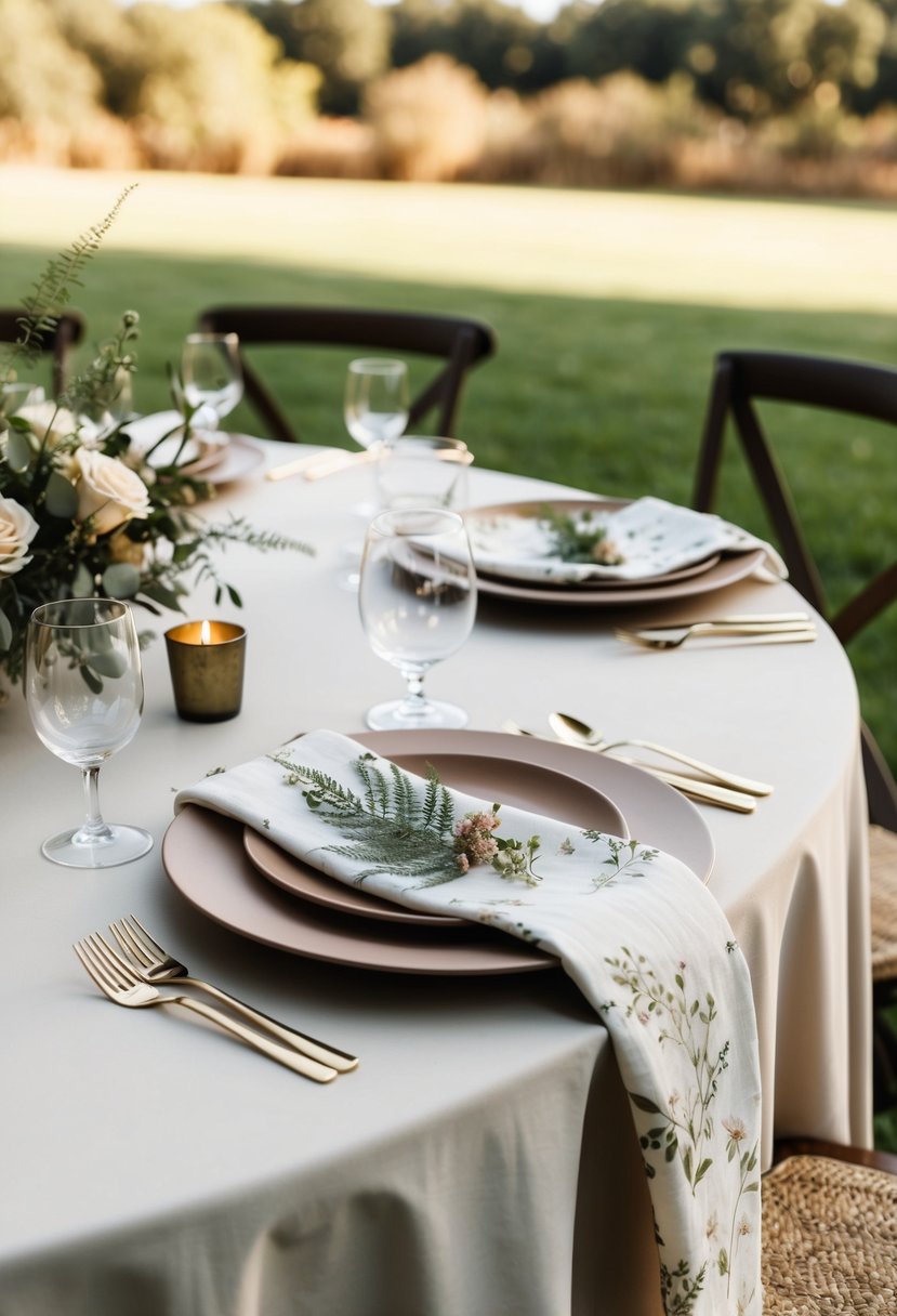 A wedding table set with nature-inspired linens in a soft color palette, featuring delicate floral patterns and earthy tones