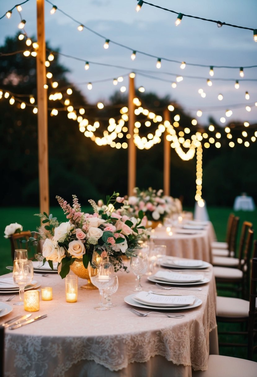 Twinkling lights illuminate a table adorned with floral decor and a delicate wedding tablecloth