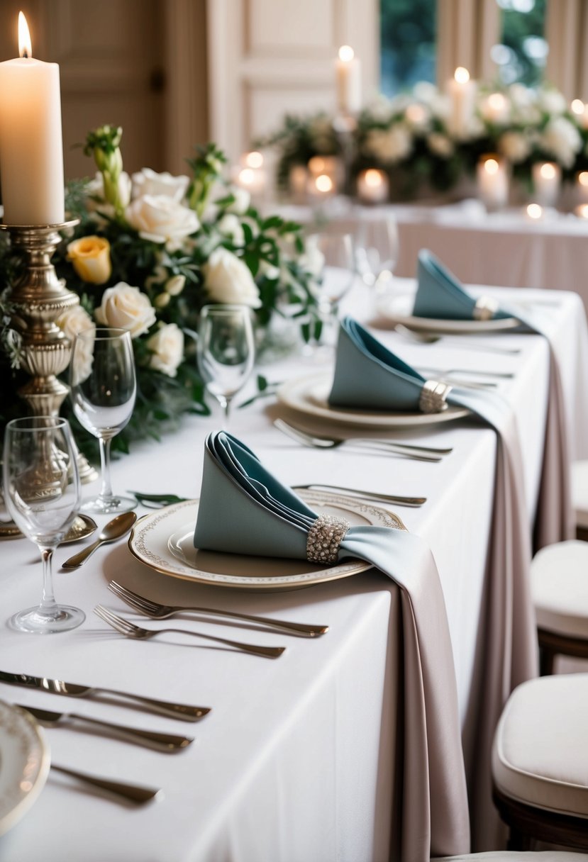 A table set with folded napkins in intricate designs, surrounded by elegant wedding decor and a beautifully draped tablecloth