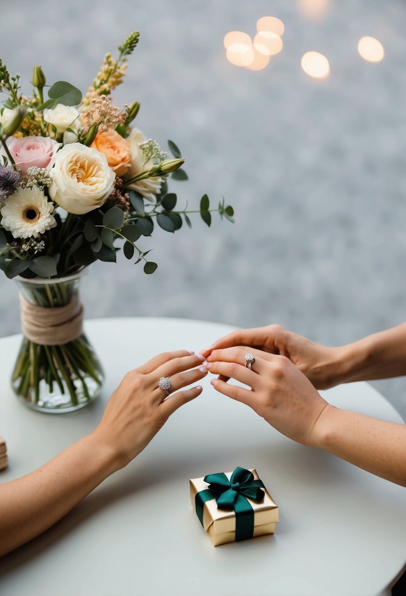 A couple's hands exchanging rings on a simple, elegant table with a bouquet of flowers and a small, wrapped gift