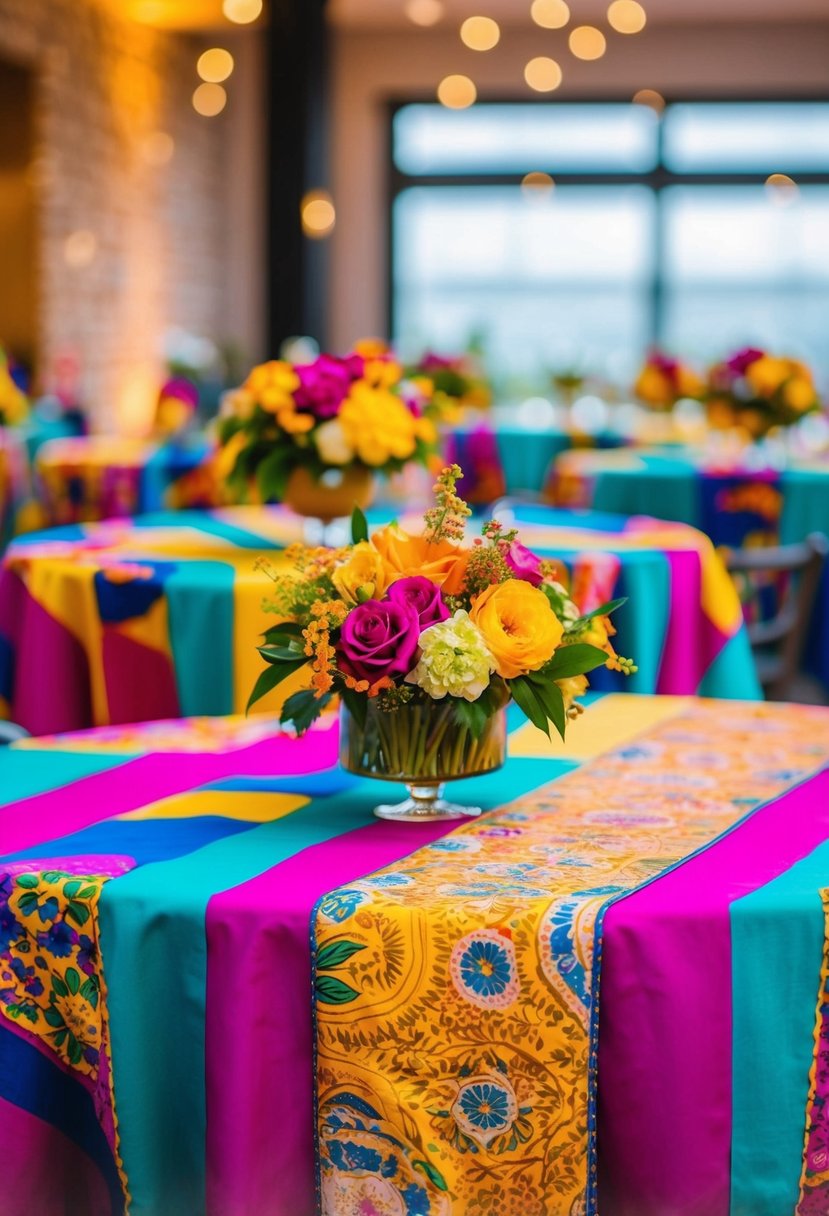 Vibrant tablecloth with bold patterns and rich textures, creating a lively and eye-catching display for a wedding celebration