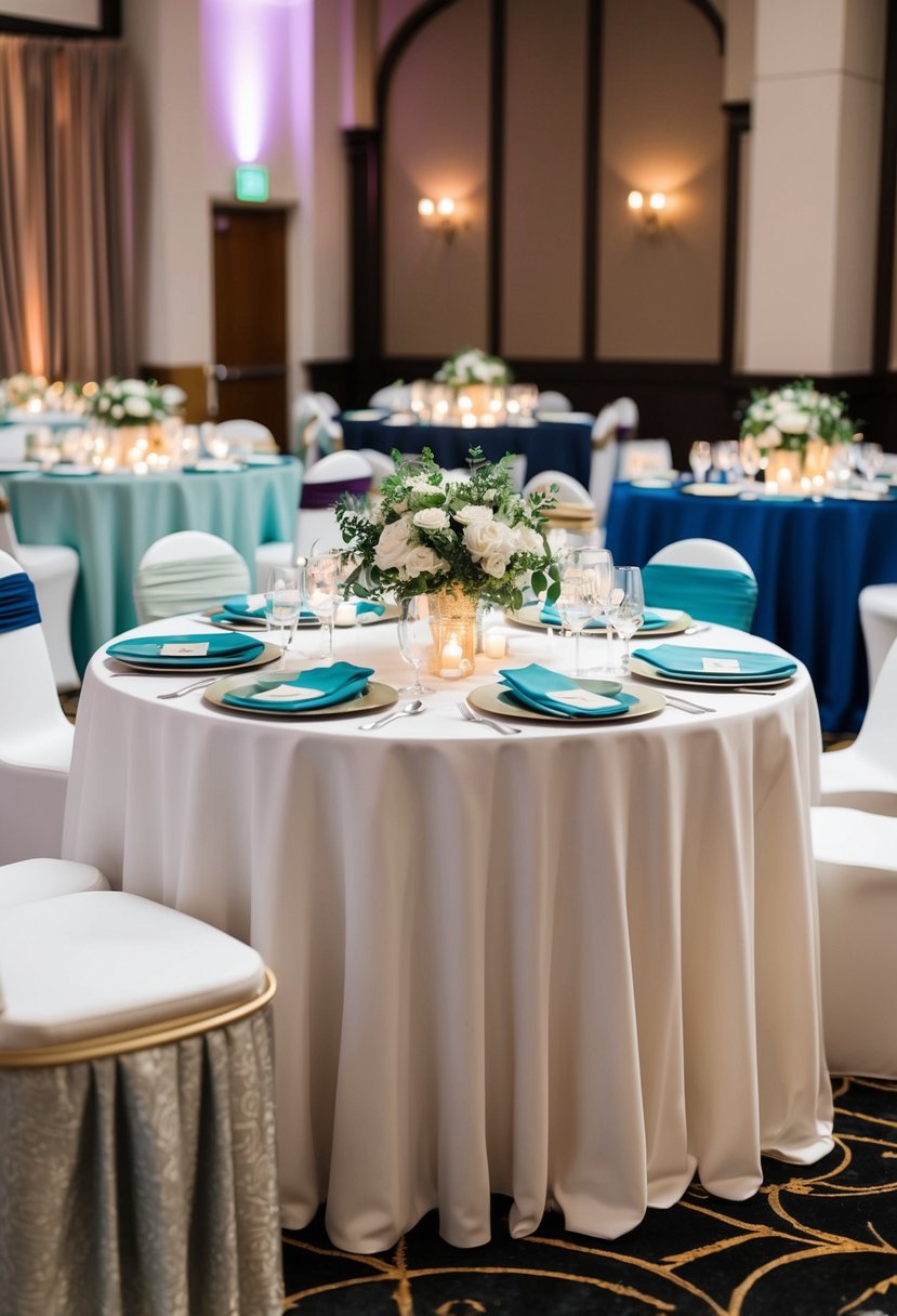 A table set with custom-made wedding tablecloths in various unique designs and colors, creating a visually stunning and elegant display for a wedding reception