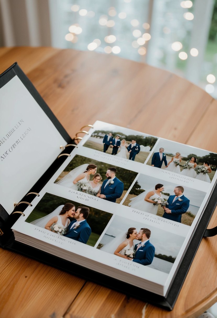 An open photo album with a customizable cover, filled with wedding photos and personalized captions