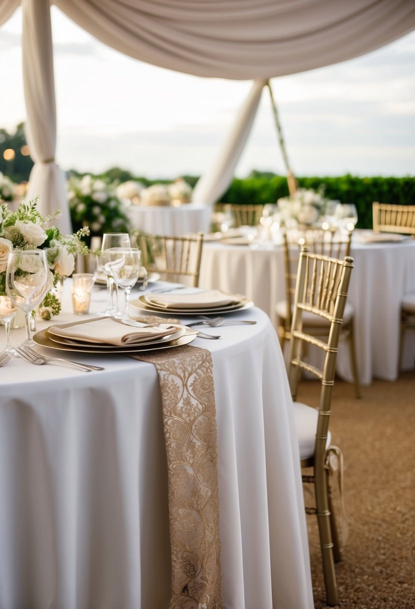 A beautifully set wedding table with elegant linen designs and decorative table cloths