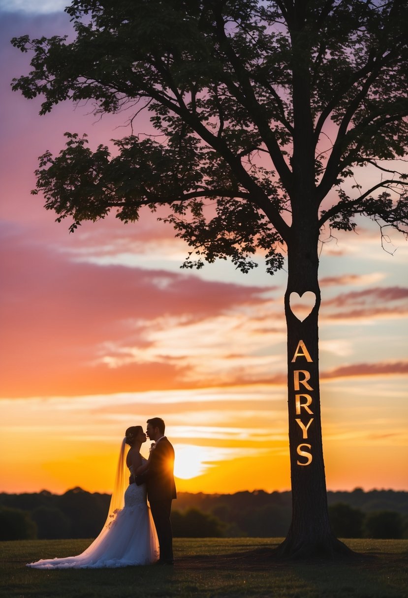 A couple's silhouette against a colorful sunset, with a heart-shaped tree and their names carved into the trunk