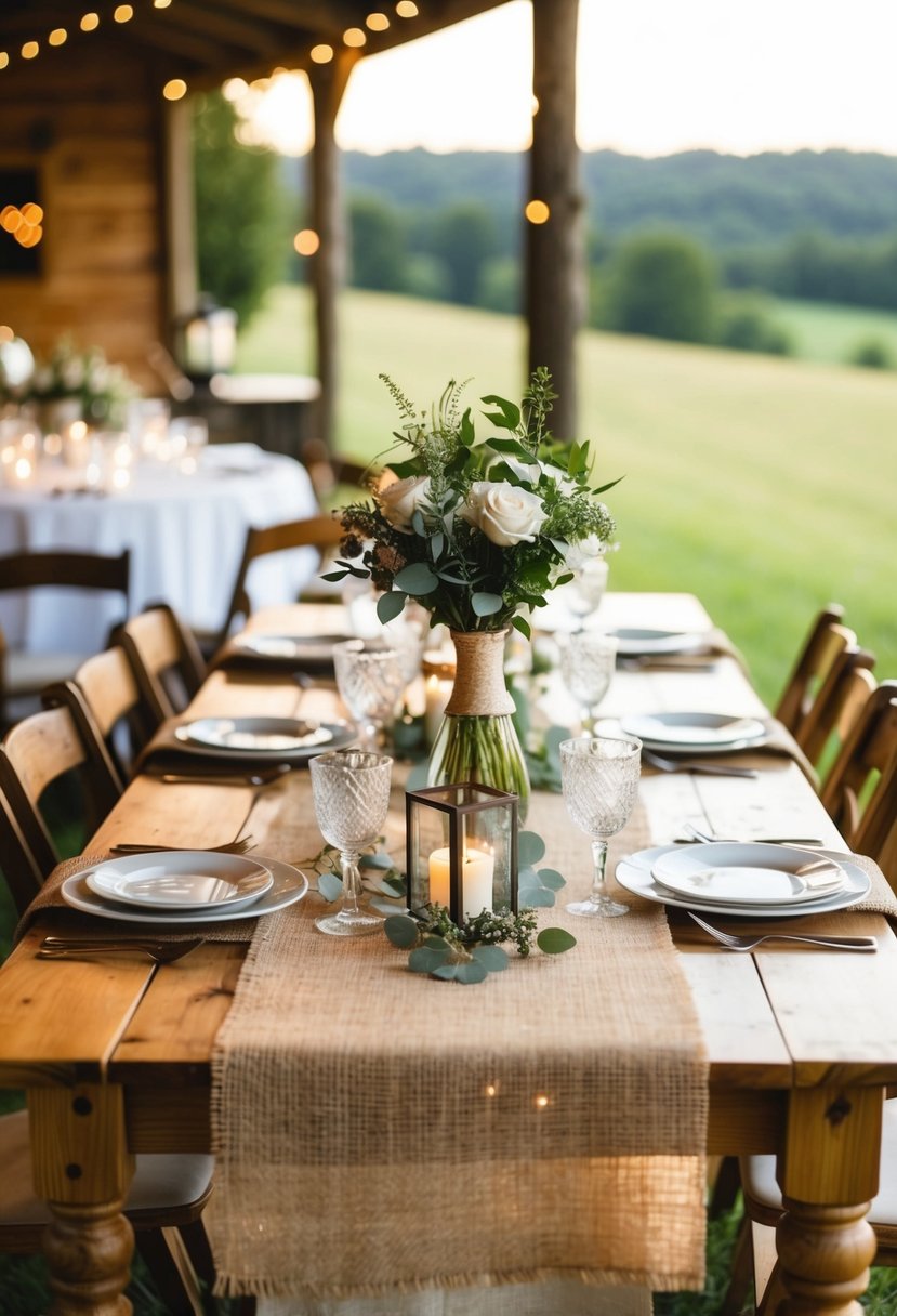 A wooden table adorned with rustic burlap overlays, set for a wedding reception in a cozy, countryside setting