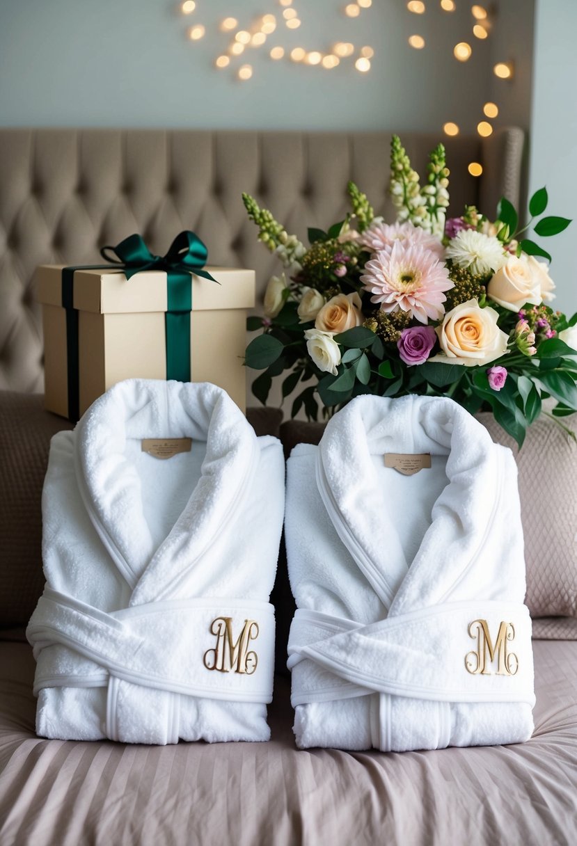 Two monogrammed bathrobes displayed on a bed, surrounded by a bouquet of flowers and a gift box