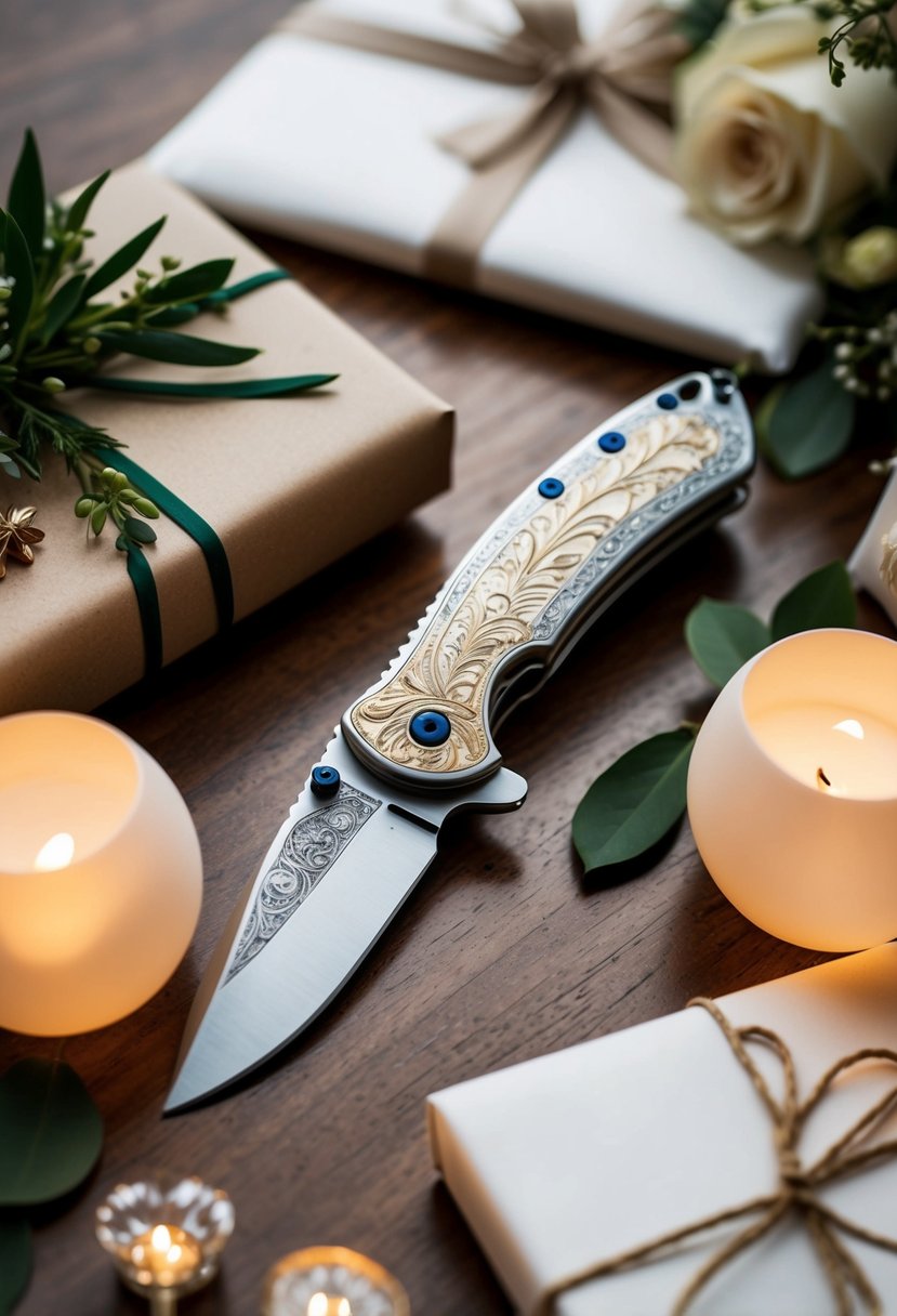 A handcrafted pocket knife with intricate engravings, surrounded by elegant wedding decor and gift wrapping