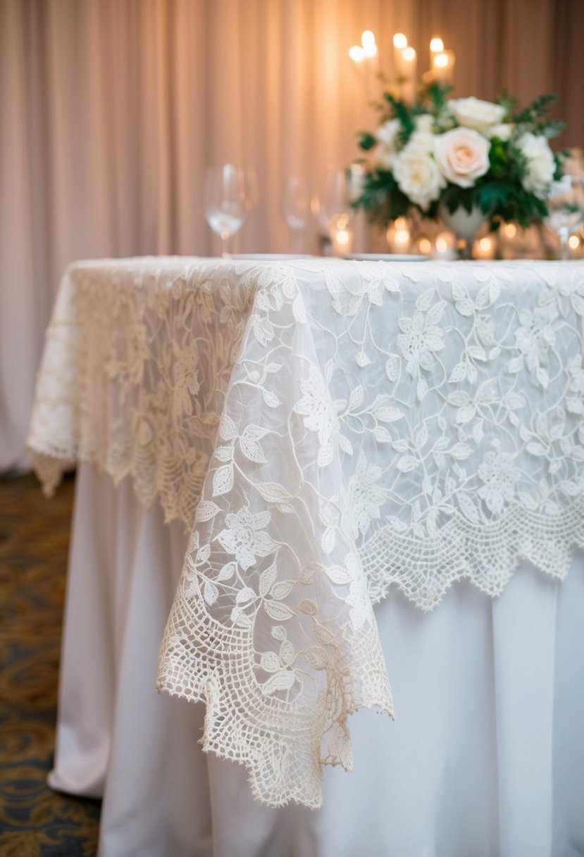 A delicate, handmade lace tablecloth drapes over a wedding reception table, adding a touch of elegance to the setting