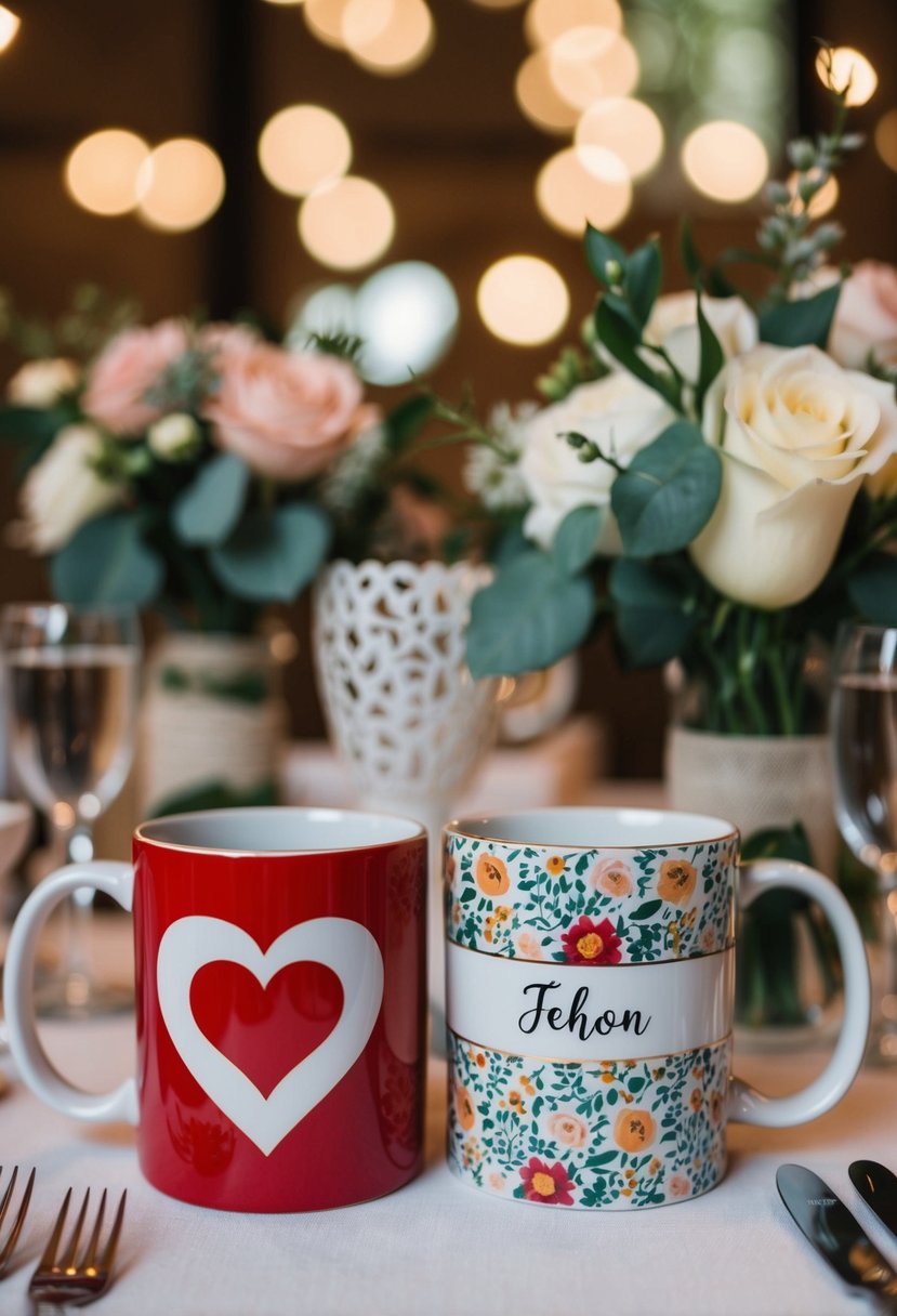 Two personalized coffee mugs on a table, one with a heart design and the other with a floral pattern, surrounded by wedding decorations