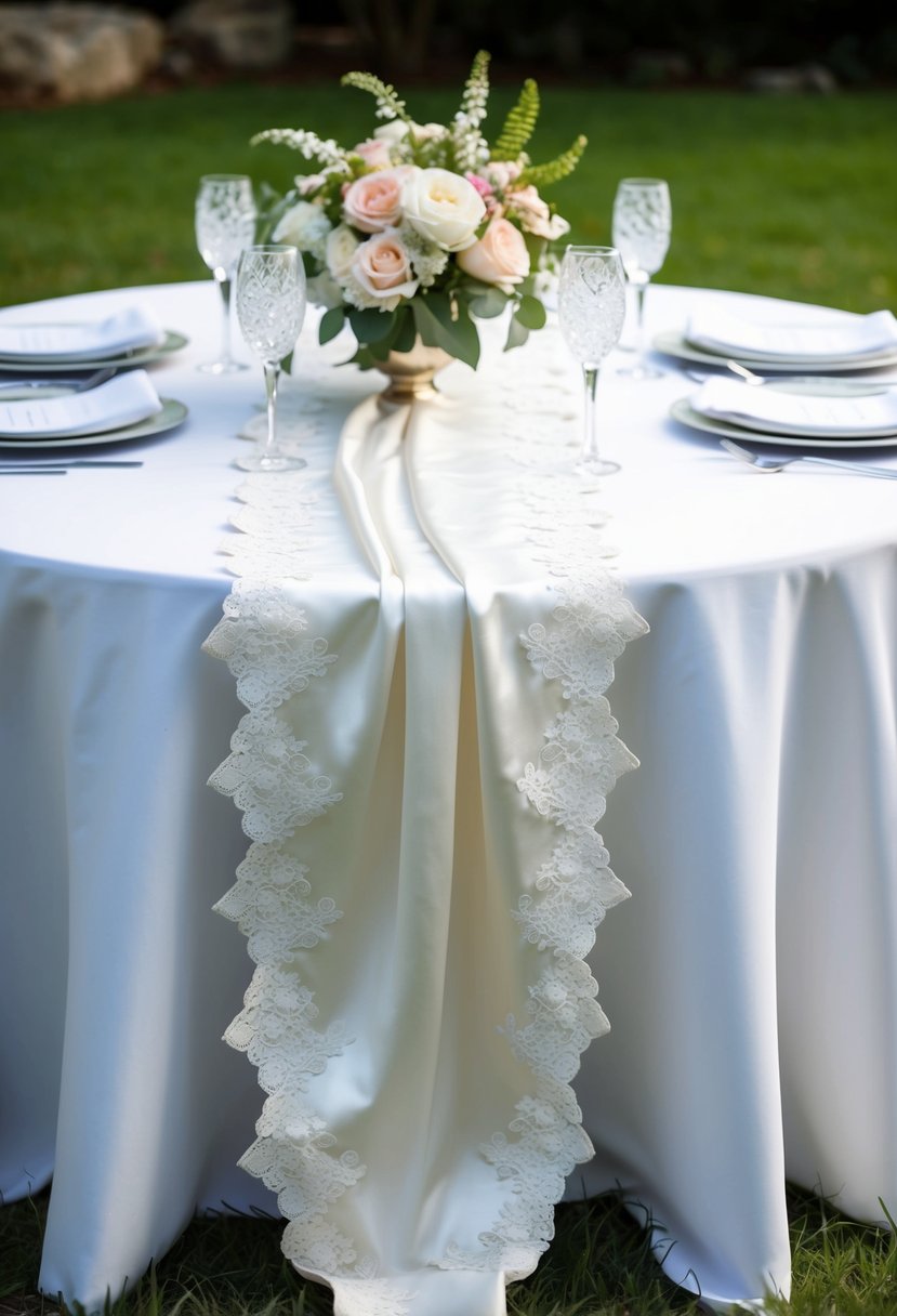 A white satin table runner drapes elegantly over a round wedding table, adorned with delicate lace and floral centerpieces