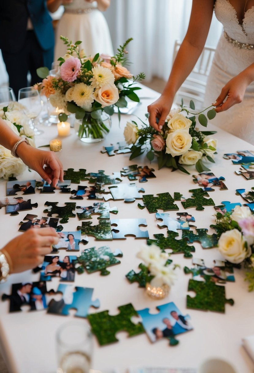 A table scattered with photos, flowers, and wedding decor. Pieces of a photo collage puzzle are being assembled