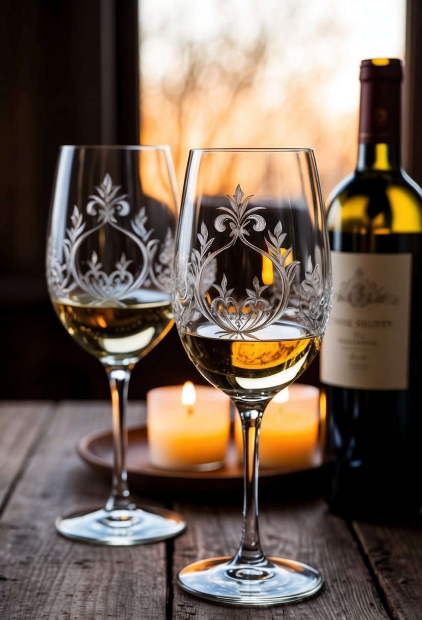 Two elegant wine glasses with intricate engravings sit on a rustic wooden table, surrounded by soft candlelight and a bottle of wine