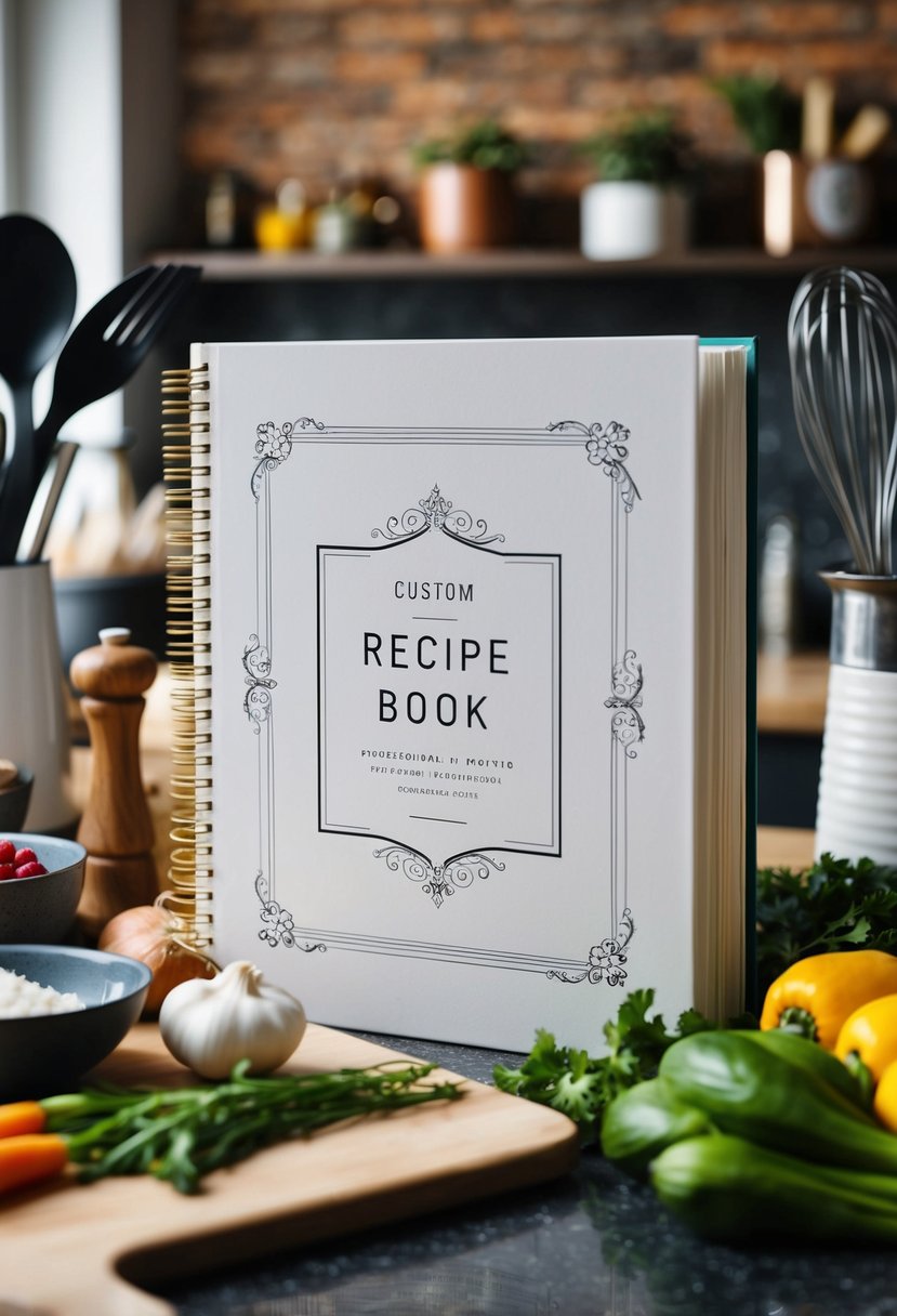 A custom recipe book with elegant cover designs and personalized pages, surrounded by kitchen utensils and fresh ingredients