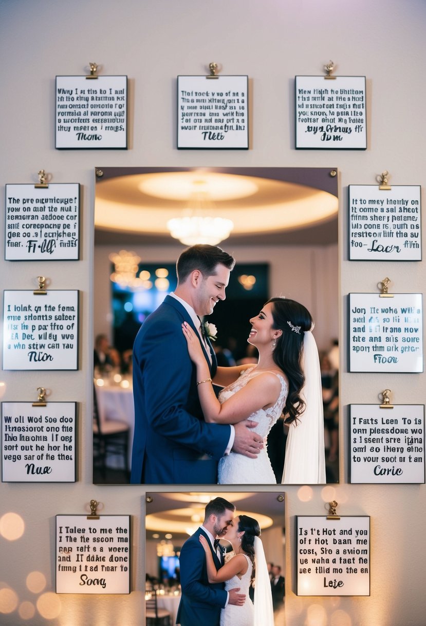 A couple's first dance, surrounded by personalized song lyrics, displayed on a wall