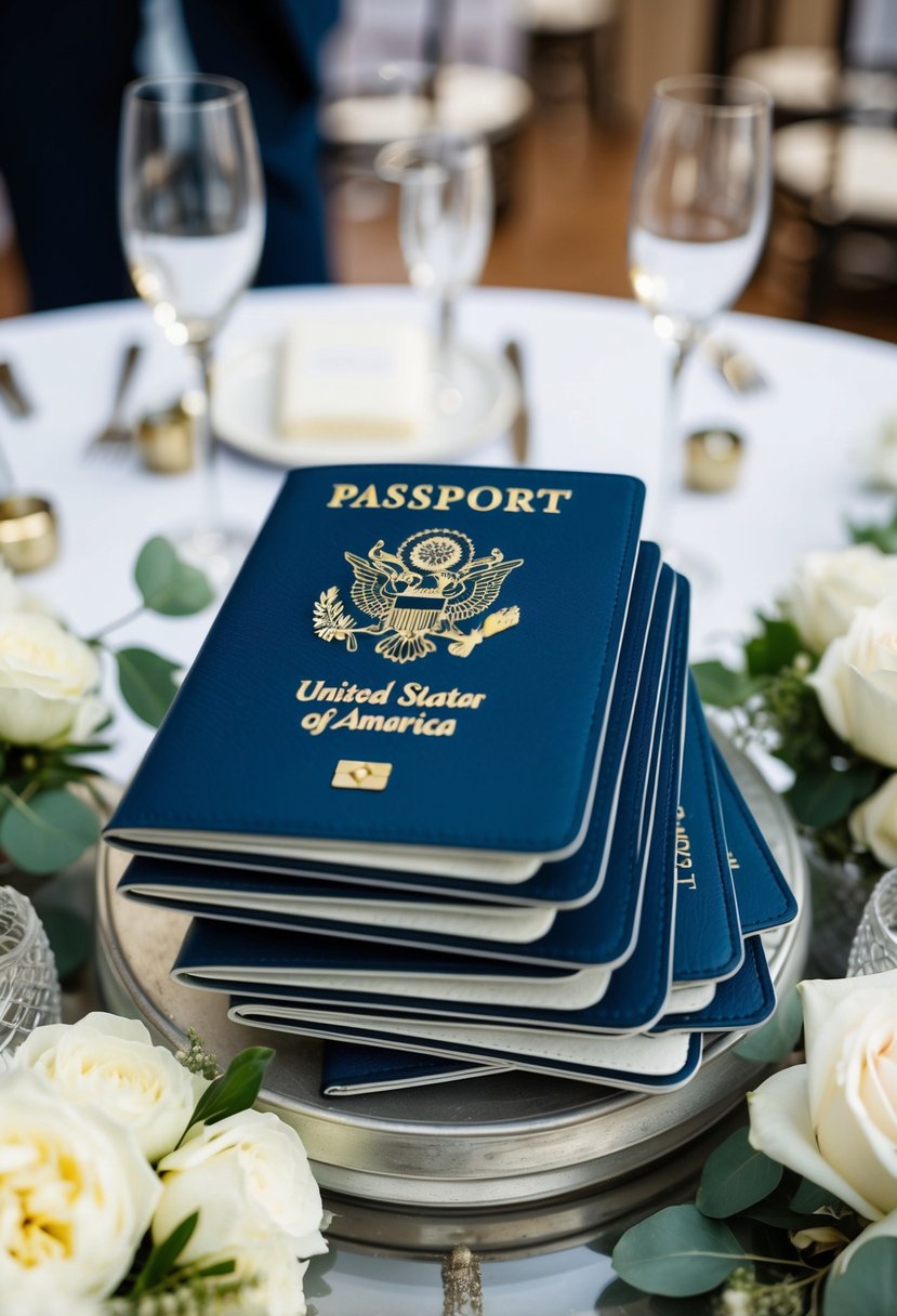 A stack of monogrammed passport covers displayed on a table, surrounded by elegant wedding decor