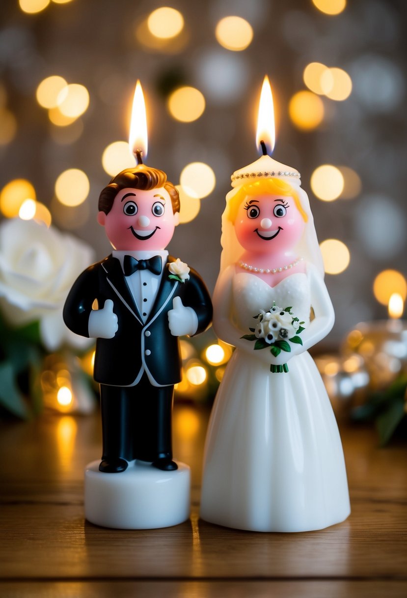 A pair of comical wedding candles, one in a tuxedo and the other in a wedding dress, with playful expressions and quirky details