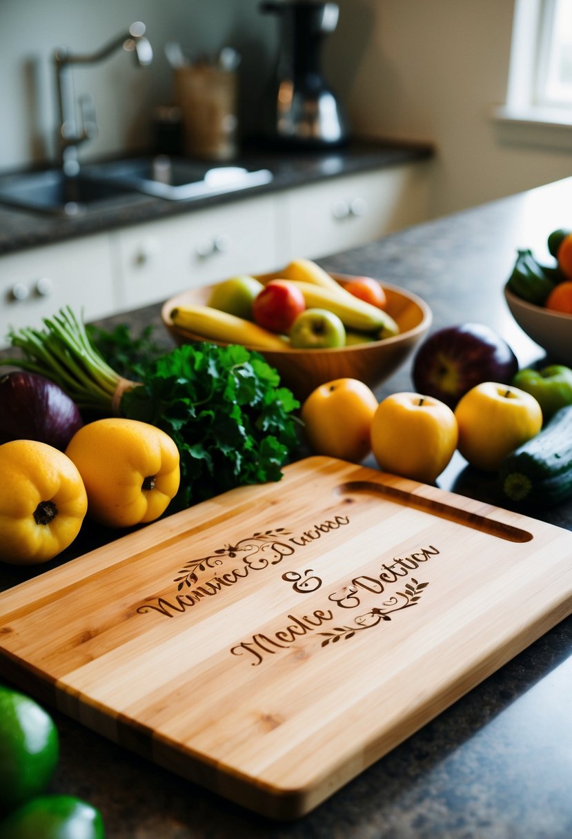 A wooden cutting board engraved with a couple's names and wedding date, surrounded by fresh fruits and vegetables on a kitchen counter