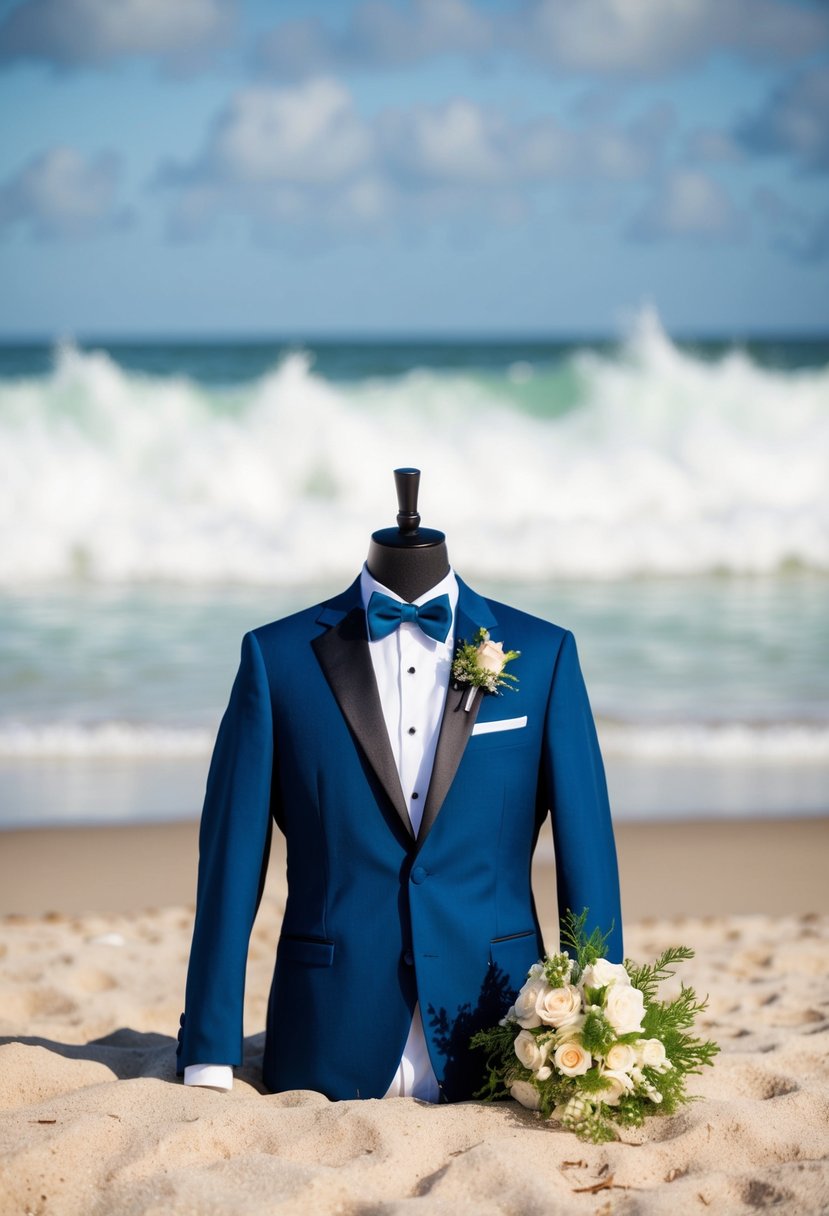 A groom's tuxedo and boutonniere laid out on a sandy beach with crashing waves in the background