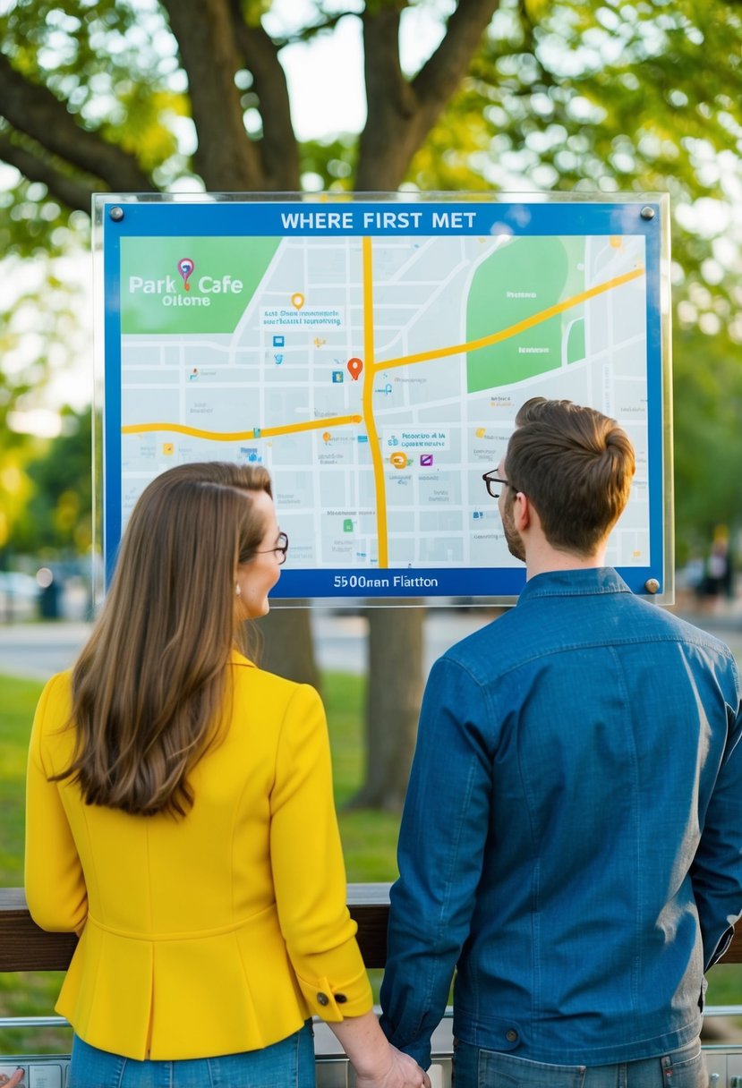 A couple standing at a unique location, such as a park or cafe, with a map of the area where they first met