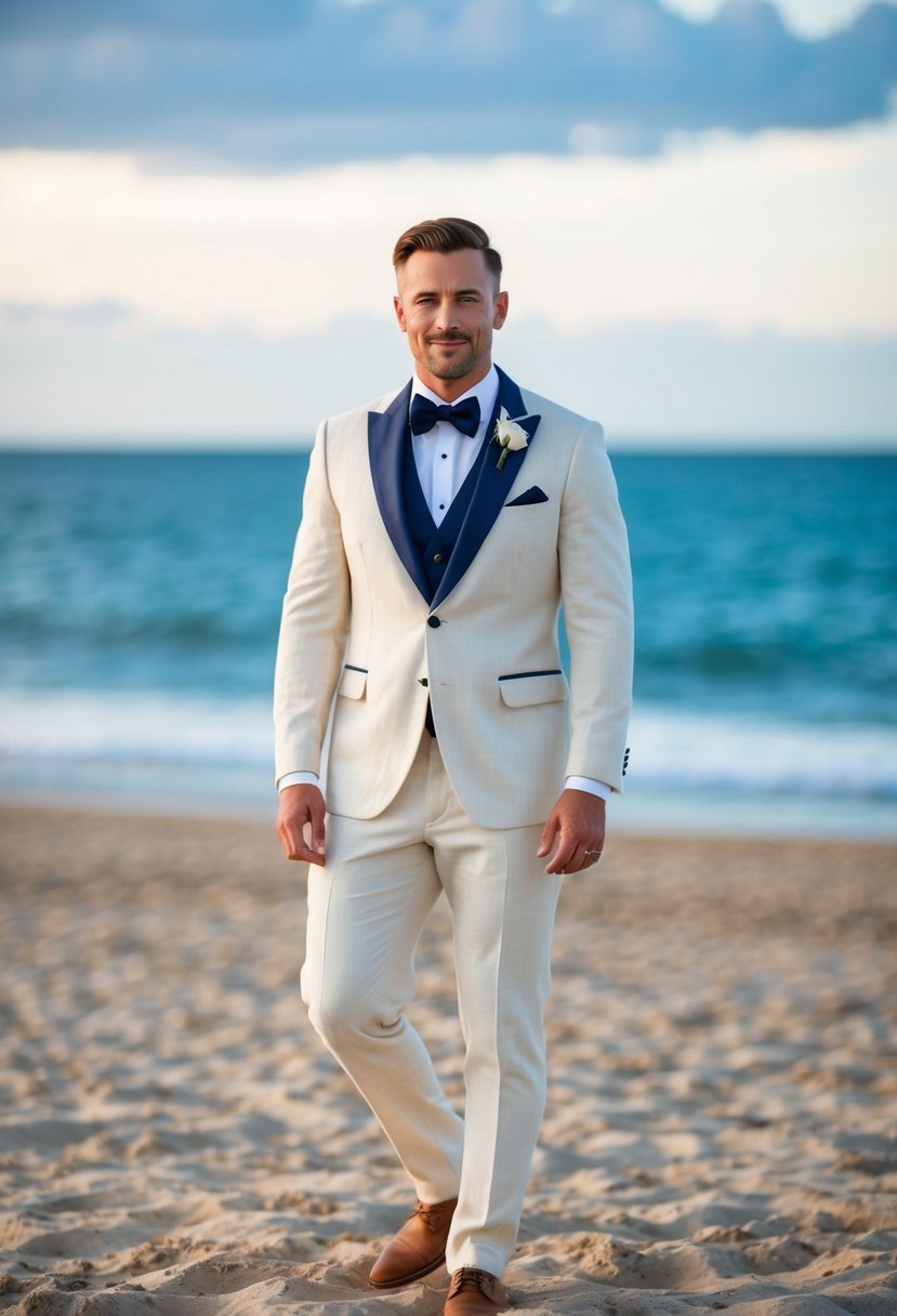 A groom stands on a sandy beach in a cream linen suit with navy accents, with the ocean in the background