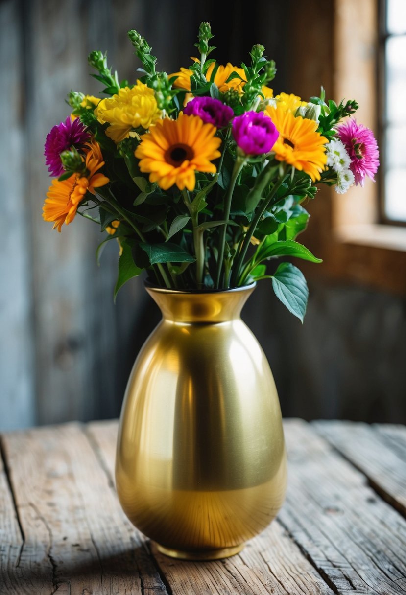 A funky gold flower vase sits on a rustic wooden table, filled with vibrant blooms. A budget-friendly wedding gift idea