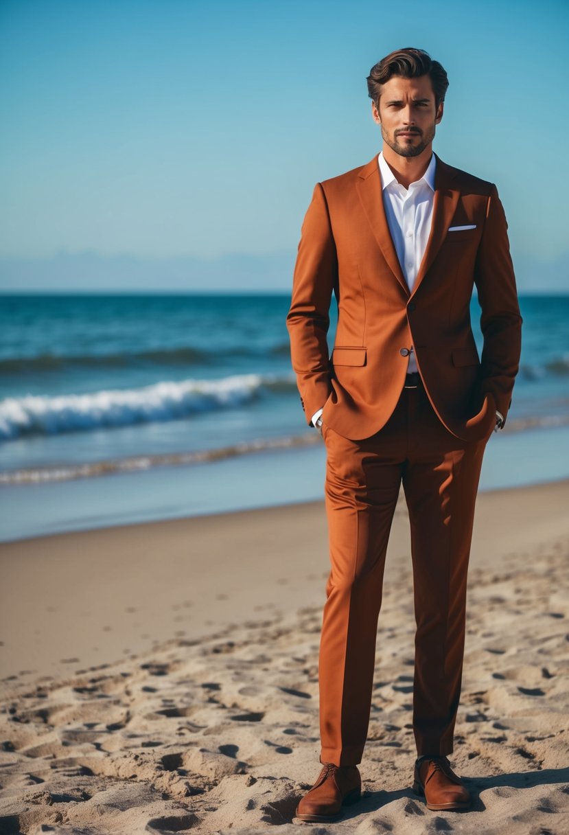 A rust-colored suit and white shirt stand against a backdrop of a sandy beach with gentle waves and a clear blue sky