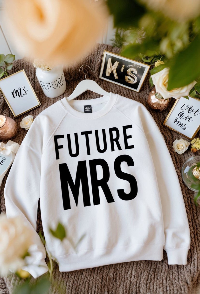 A cozy sweatshirt with "Future Mrs" printed on it, surrounded by wedding-themed decor and accessories