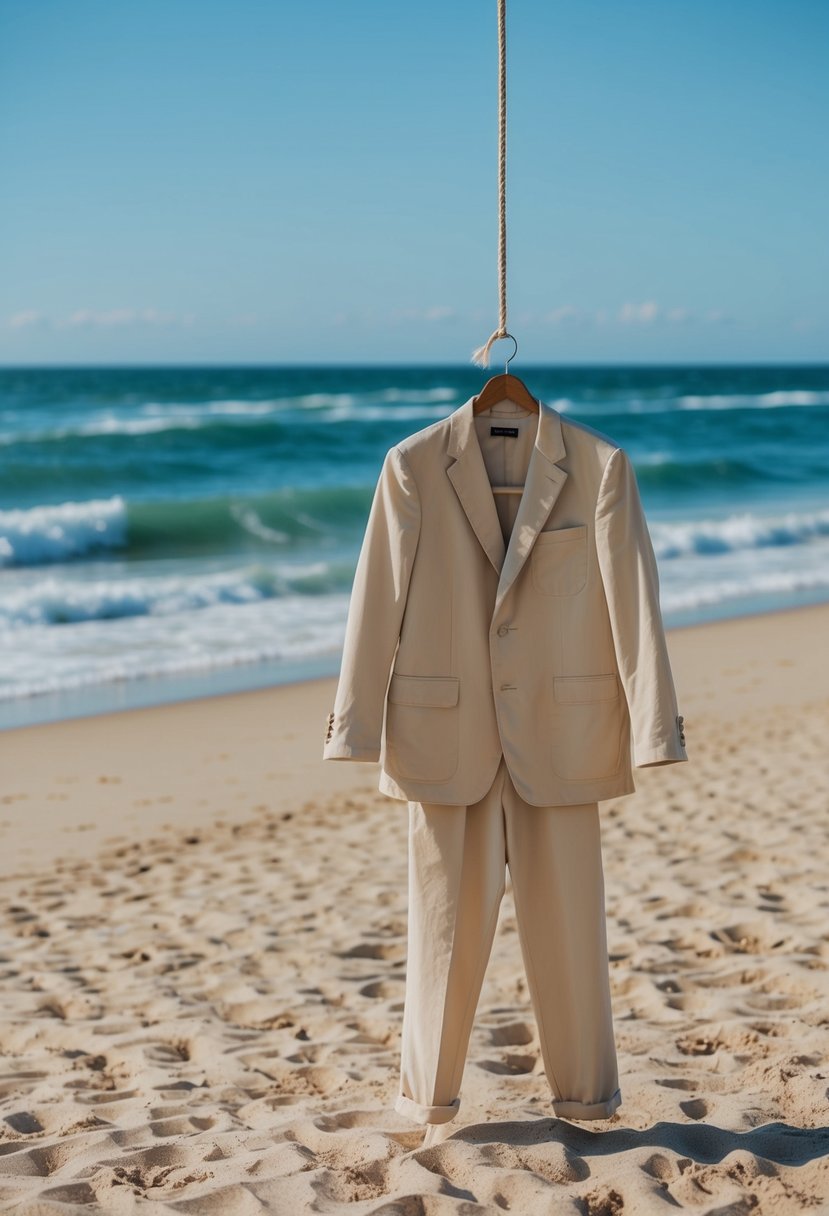 A sandy beach with a gentle breeze, featuring a beige cotton suit on a hanger against a backdrop of ocean waves and a clear blue sky