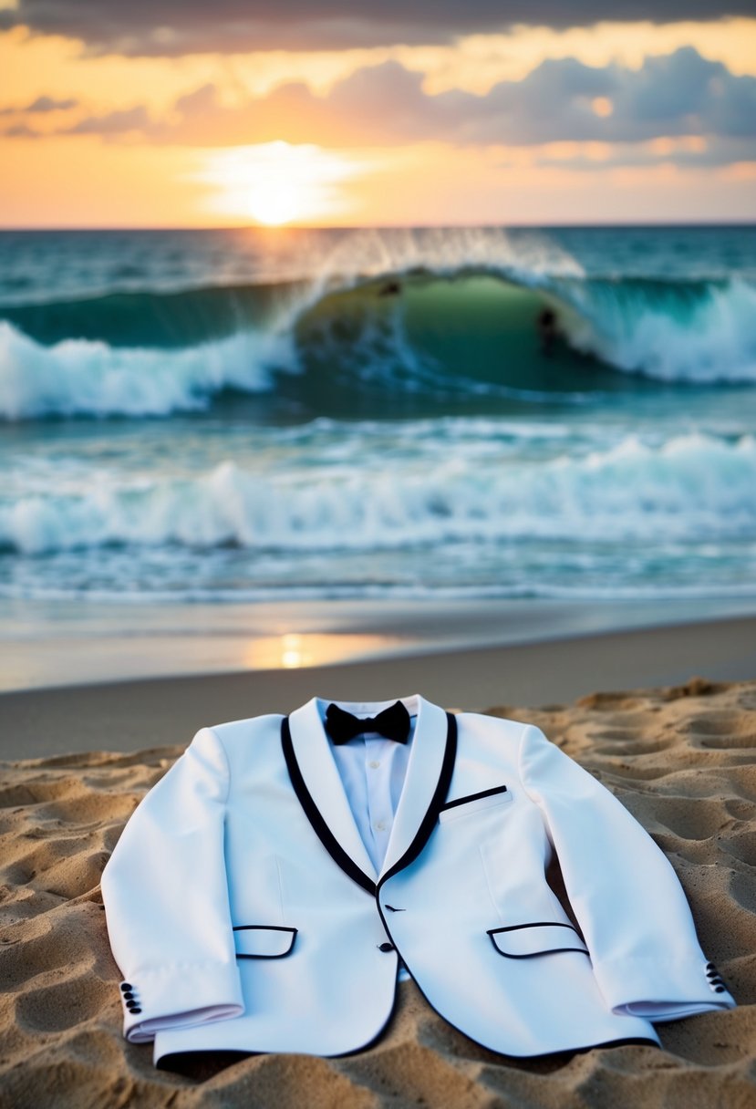 A white linen tuxedo laid out on a sandy beach with a backdrop of crashing waves and a setting sun