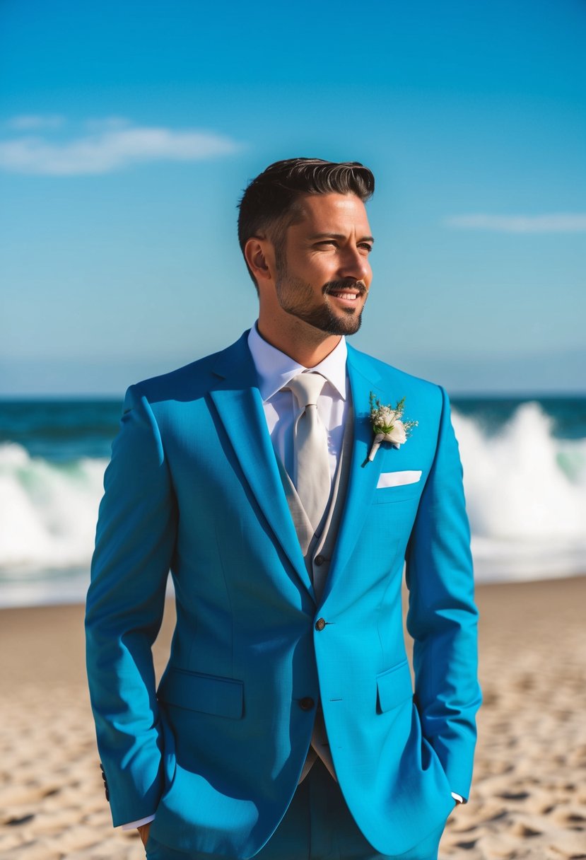 A groom in an ocean blue suit with a light grey tie stands on a sandy beach, with crashing waves and a clear blue sky in the background