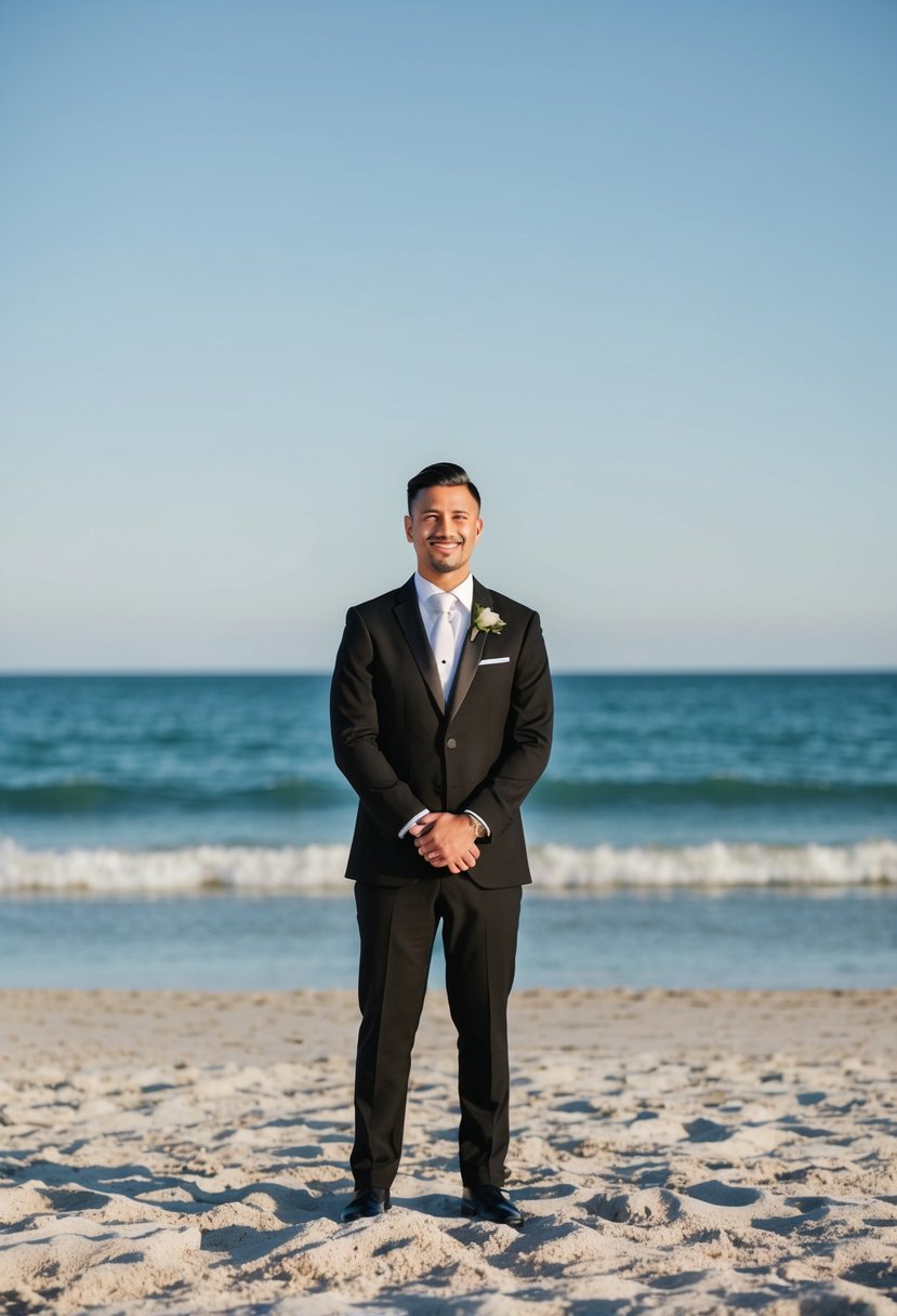 A groom in a classic black suit stands on a sandy beach, with the ocean in the background and a clear blue sky above