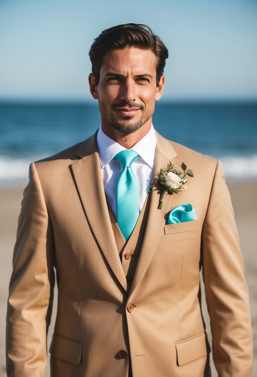 A tan suit with aqua blue tie, pocket square, and boutonniere against a beach backdrop