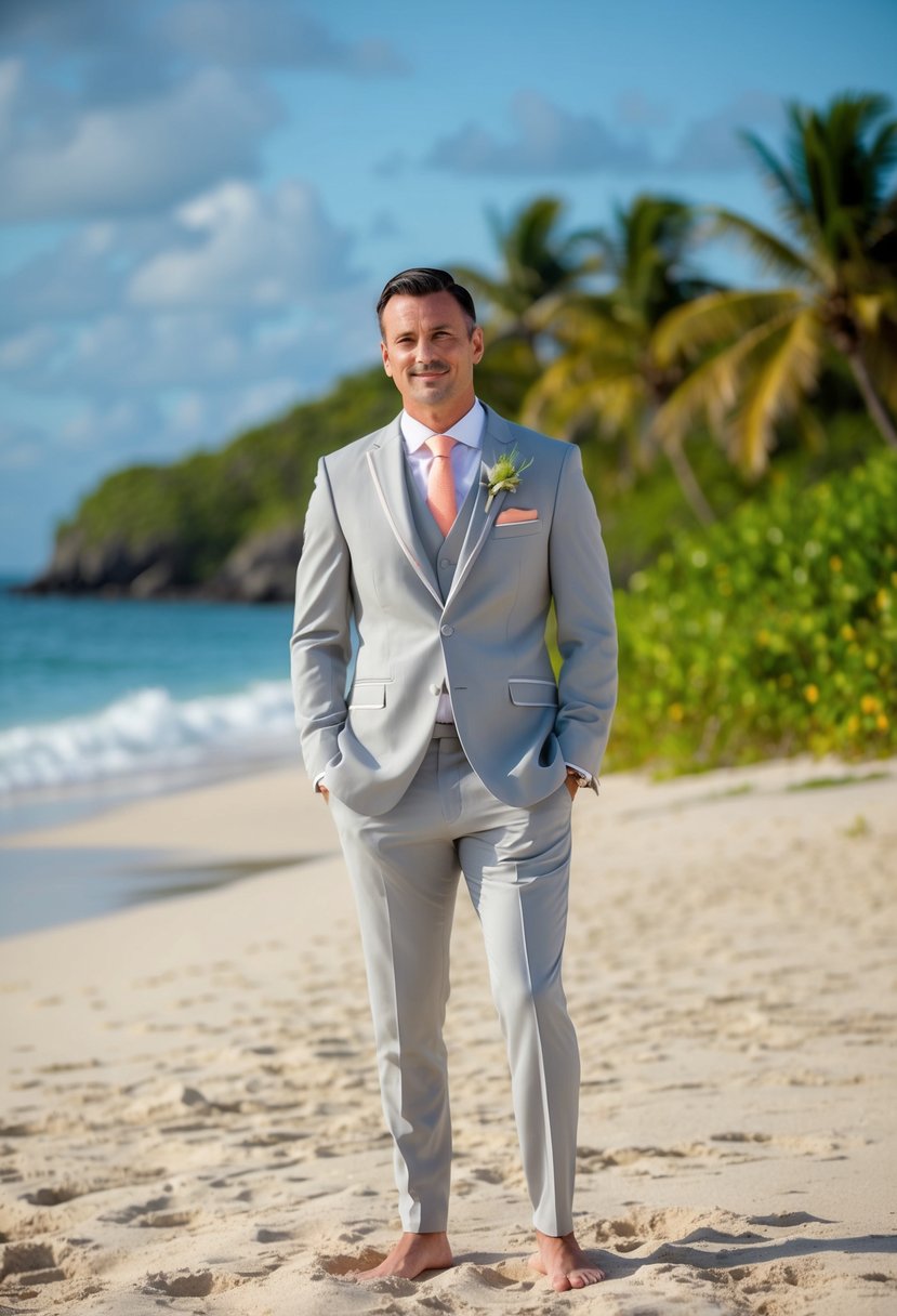 A groom in a light grey suit with coral details stands on a sandy beach with the ocean in the background, surrounded by tropical greenery