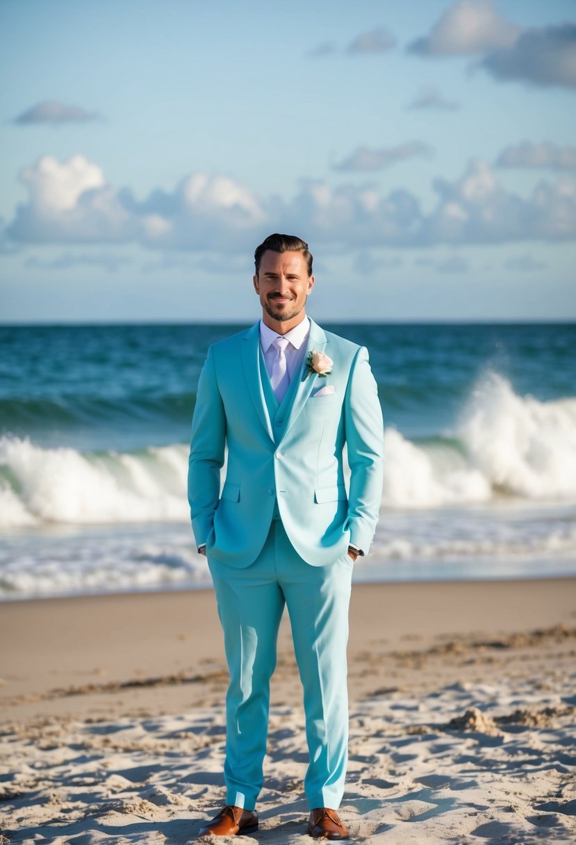 A groom in a powder blue suit and white tie stands on a sandy beach, with the ocean waves crashing in the background