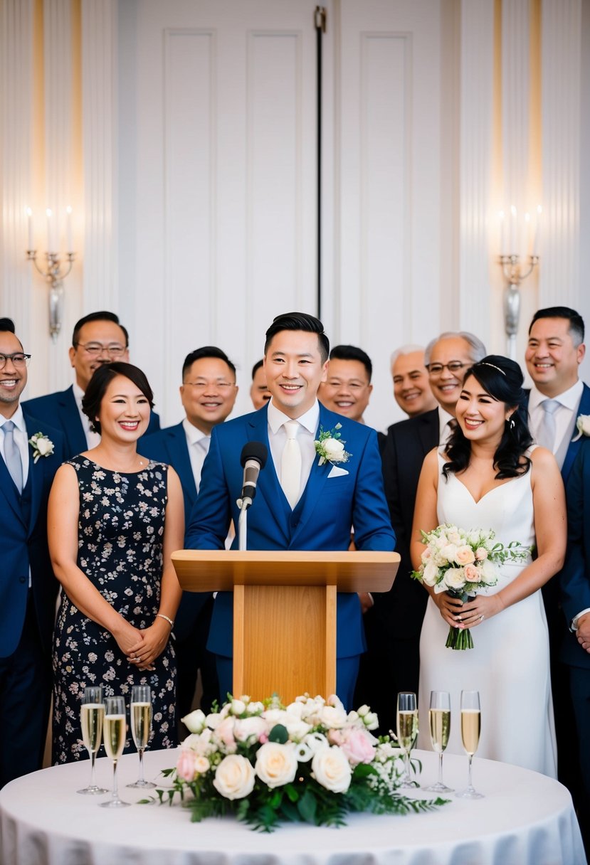 The groom standing at the podium, surrounded by smiling guests. A microphone and champagne glasses on the table. Flowers and candles decorate the room