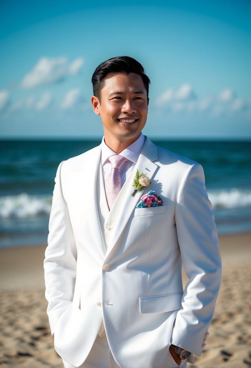 A groom in a bright white suit with a floral pocket square stands on a sandy beach, with the ocean in the background