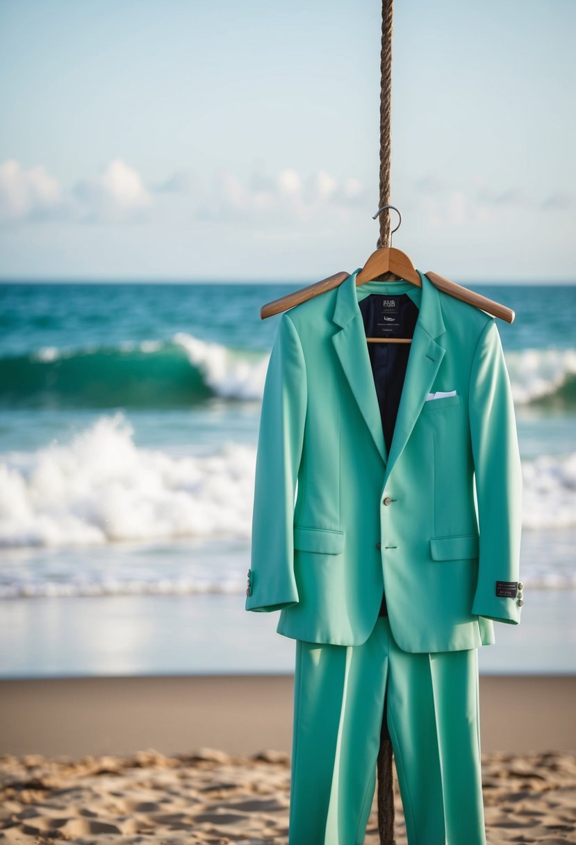 A seafoam green suit hangs on a weathered wooden hanger, set against a backdrop of a sandy beach and crashing waves