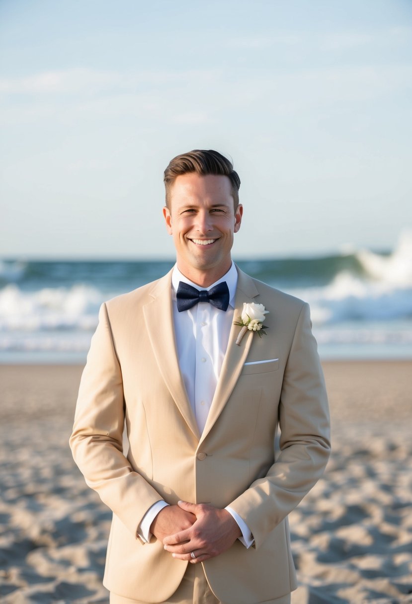 A sandy beach wedding setting with a sand-colored suit and navy bow tie, with waves crashing in the background