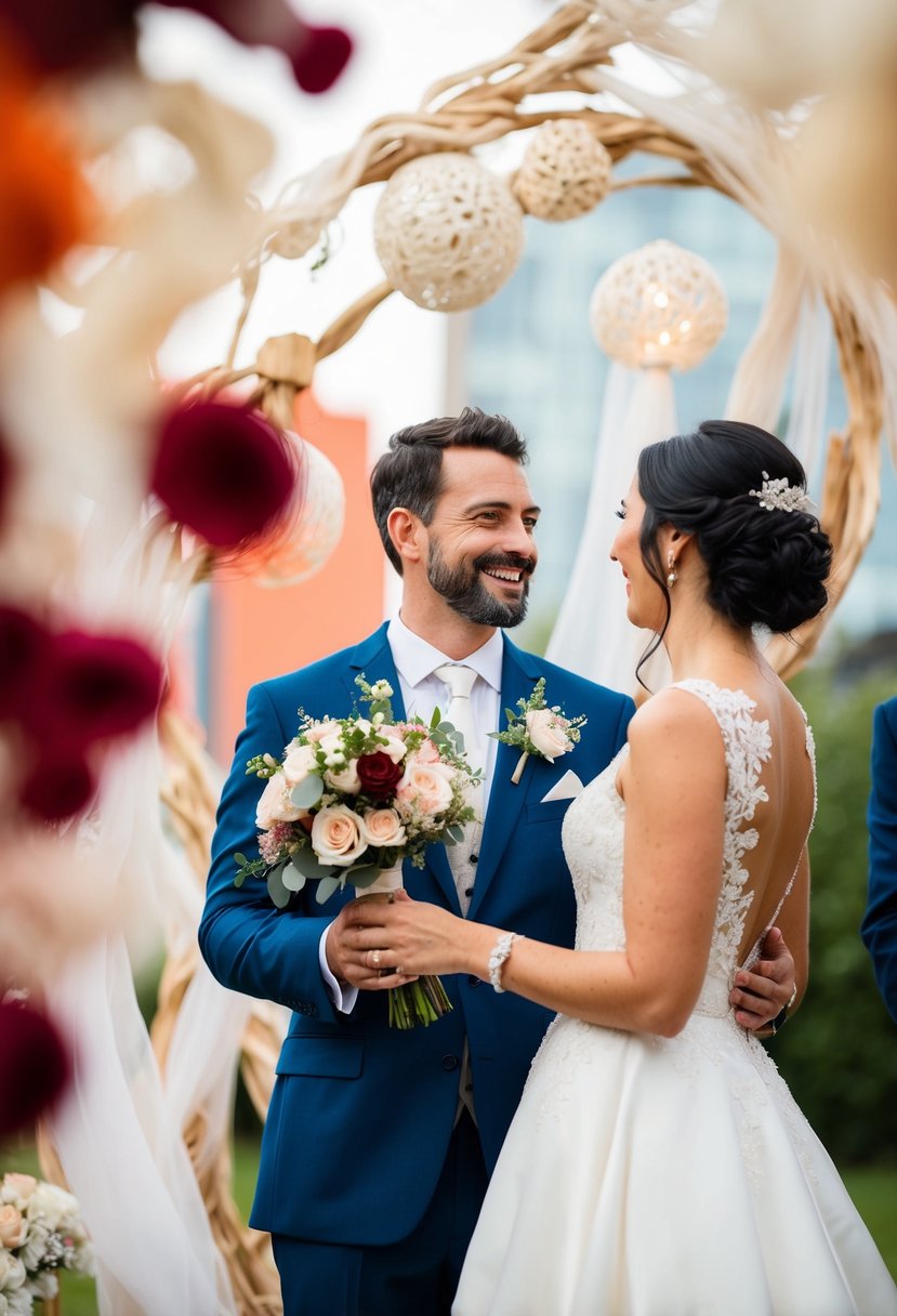 A groom holding a bouquet of flowers, looking at his partner with a warm smile, surrounded by unique and beautiful wedding decorations