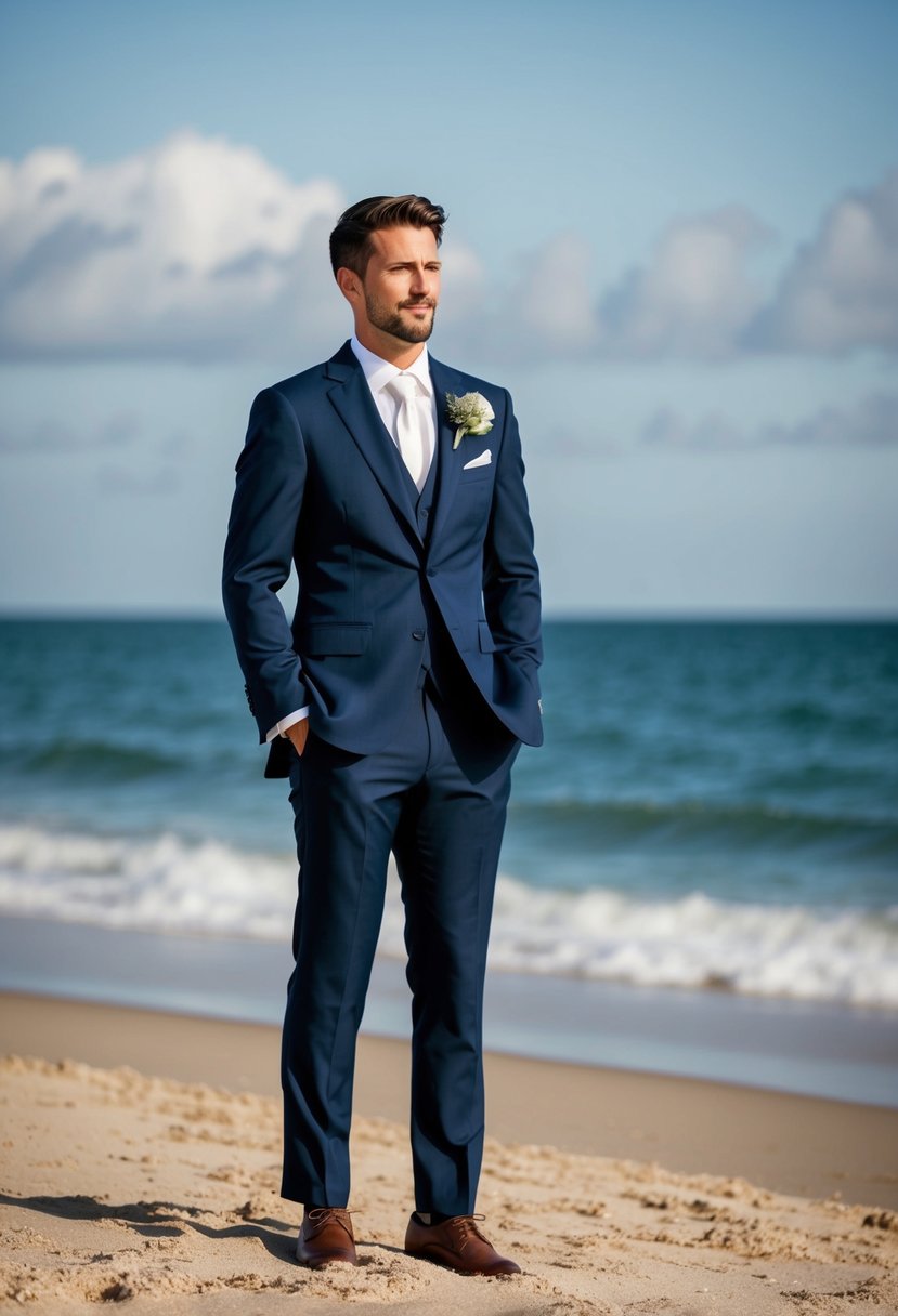 A groom in a navy suit stands on a sandy beach, with the ocean in the background and a gentle breeze ruffling his suit