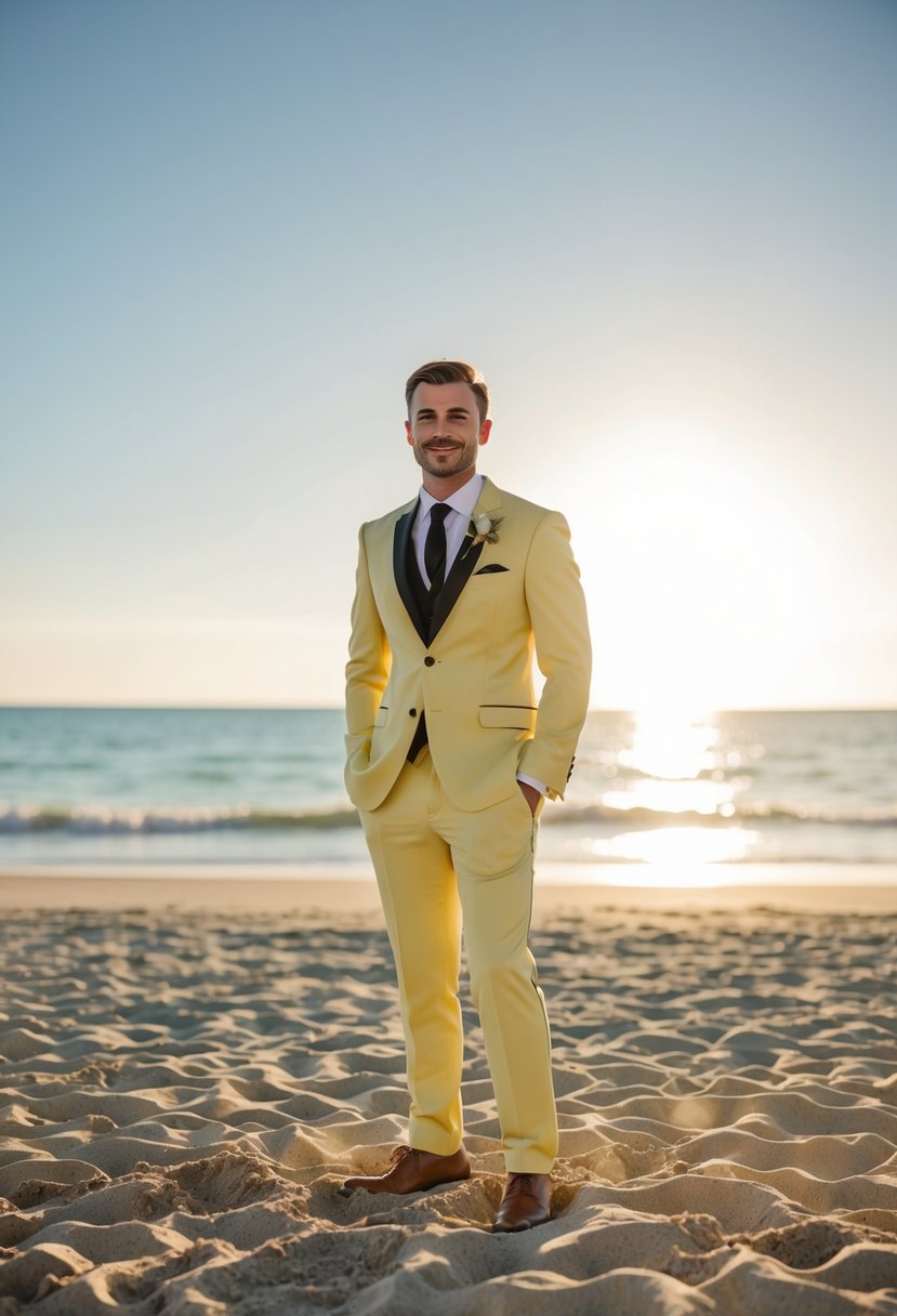 A groom in a muted yellow suit stands on a sandy beach with the sun shining brightly in the background, creating a warm and sunny vibe for a beach wedding